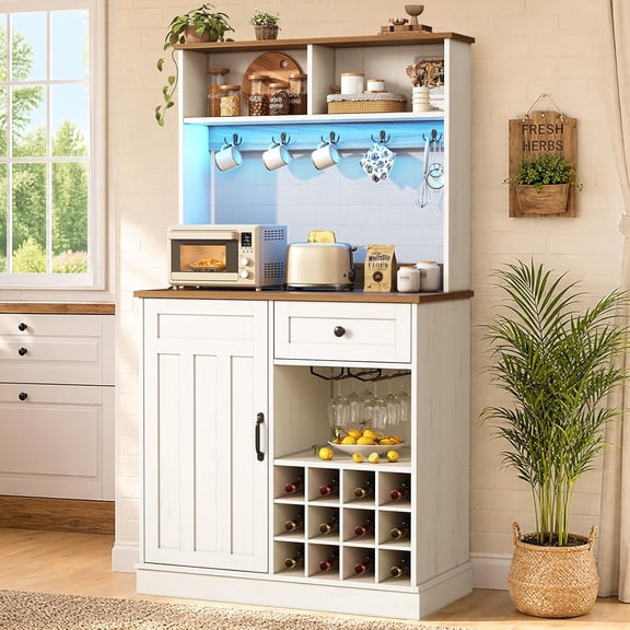 SENYUM Upgrade Farmhouse Coffee Bar Cabinet with Storage, Coffee Bar with Power Outlet & LED Lighting,Coffee Station with Hutch & 5 Hooks, Kitchen, Living Room