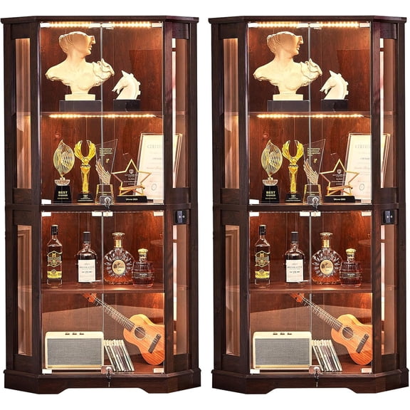 SENYUM Upgrade Farmhouse Corner Display Cabinet with Glass Doors, Corner Curio Cabinet with 3-Color LED Motion-Sensor Light, Reinforced Base