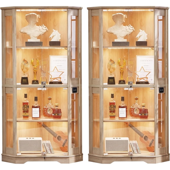 SENYUM Upgrade Farmhouse Corner Display Cabinet with Glass Doors, Corner Curio Cabinet with 3-Color LED Motion-Sensor Light, Reinforced Base