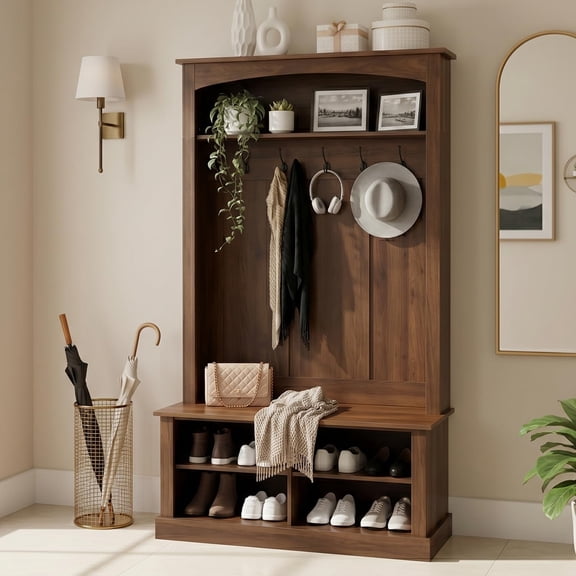 SENYUM Upgrade Farmhouse Hall Tree with Bench, Entryway Coat Rack & Shoe Storage Cabinet with 5 Hooks, 71" Tall Mudroom Furniture with Adjustable Shelves for Hallway, Foyer, Rustic