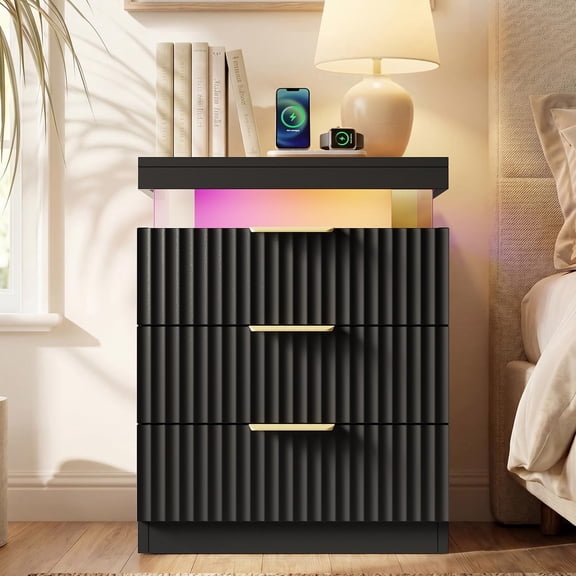 SENYUM Upgrade Fluted Nightstand with Hidden Charging Station, LED Smart Bedside Table, Chasing Light Effect, Night Stands, Wood Side Table, Cozy Modern End Table Accent Table for Bedroom