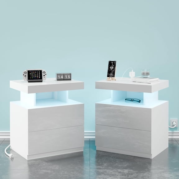 SENYUM Upgrade LED Nightstand with Wireless Charging Station & USB Ports High Gloss Bedside Table with LED Light RGB Adjustable Brightness Smart Nightstand 2 Drawers Night Stand