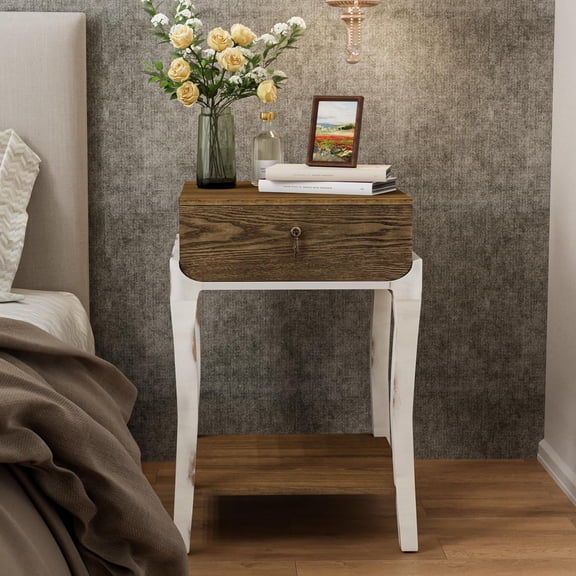 SENYUM Upgrade Modern Round End Table, 2-Tier Glass Side Table with Glass Tabletop, Wood Accent Table with Storage Shelf for Living Room, Bedroom