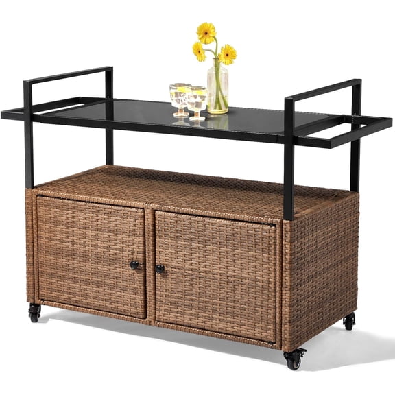 SENYUM Upgrade Outdoor Bar Table with 2 Steel Shelves, Sets of Rails, Rattan Patio Storage for Backyard, Poolside, Garden