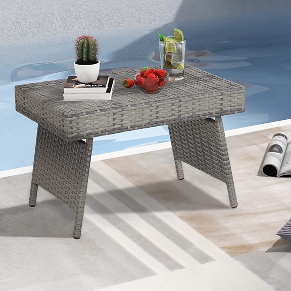 SENYUM Upgrade Outdoor Folding Wicker Table, Heavy Duty Rattan Foldable Standing Coffee Side Table, for Patio Poolside Lawn Garden Balcony