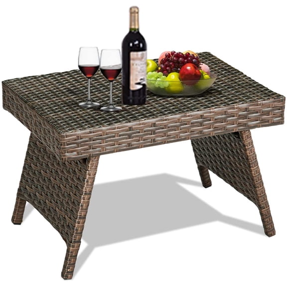 SENYUM Upgrade Outdoor Folding Wicker Table, Heavy Duty Rattan Foldable Standing Coffee Side Table, for Patio Poolside Lawn Garden Balcony