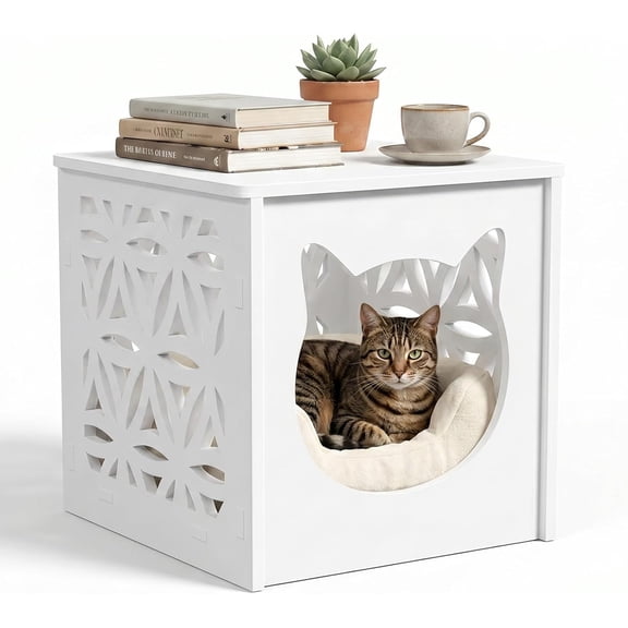 SENYUM Upgrade Outdoor Side Table with Cat House and LED Light, 15.6" Resin Waterproof Square Side Table End Table for Patio Garden Balcony Porch