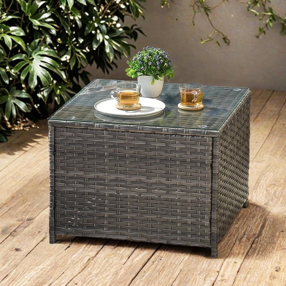 SENYUM Upgrade Outdoor Side Table with Tempered Glass Top, Patio Wicker Solar Table, Rattan Bistro End Table for Porch Deck Balcony Garden Poolside
