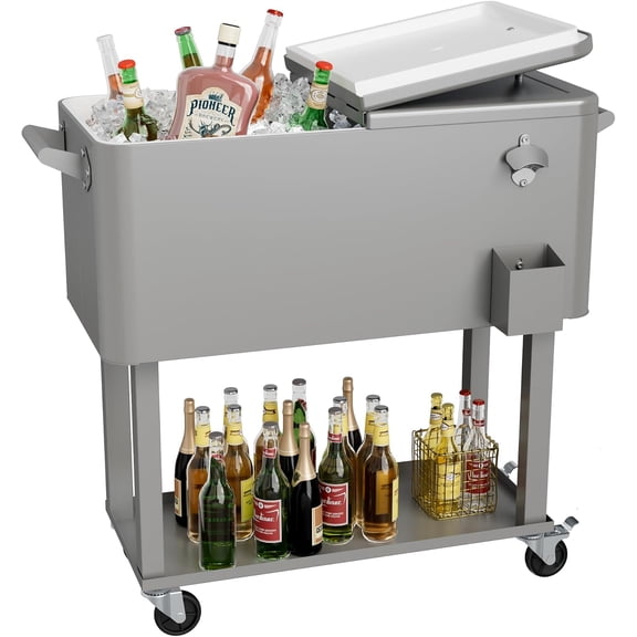 SENYUM Upgrade Patio Rolling Ice Chest Large Cooler Cart with Wheels, Portable Mobile Outdoor Coolers Bar Cart with Storage Shelf & Bottle Opener for Drinks, Party, Camping, Backyard, Deck, BBQ