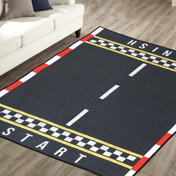 SENYUM Upgrade Race Track Printed Area Rug, 47.2 x 31.5'' Non-Slip Sports Carpet Washable Low Pile Race Track Mats Floor Protection for Bedroom, Black