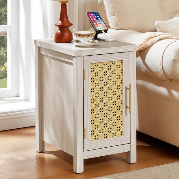 SENYUM Upgrade Rattan Nightstand with Charging Station, Wood Narrow Side Table with Woven Cane Door and Adjustable Shelf, Boho Bedside End Table with Storage Cabinet for Small Spaces Bedroom