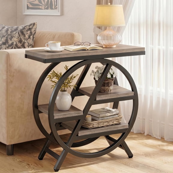 SENYUM Upgrade Side Table for Living Room, Narrow End Table with Storage, 4-Tier Industrial Wooden Beside Tables with Geometric Metal Frame, Nightstand for Small Spaces, Bedroom