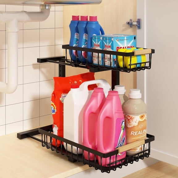 SENYUM Upgrade Under Sink Organizer, Height Adjustable Pull Out Cabinet Storage, Shaped Drawer Organizer for Kitchen Sink Organizer, Bathroom Organizers and Storage, Smooth Sliding Rails