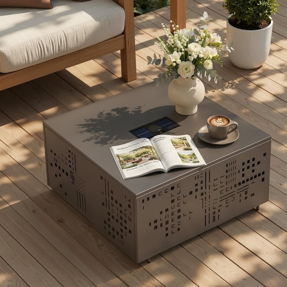 SENYUM Upgrade Square Outdoor Coffee Table with Umbrella Hole & Solar Light, Rust-Proof Metal Patio Table, Small Minimalist Low Accent Table for Living Room, Balcony, Deck, Backyard