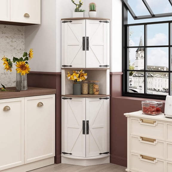 SENYUM Upgrade Tall Farmhouse Corner Cabinet with 4 Doors and 5 Storage Shelves, Farmhouse Storage Cabinet with Barn Door Design, Home Space Saver for Living Room, Kitchen, Laundry Room