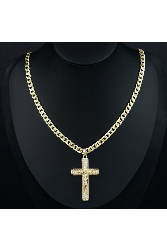 14k Gold-Plated Cuban, Figaro, Miami, Rope Chain with Jesus Christ Crucifix,24 inches Long and 6mm wide,High Quality