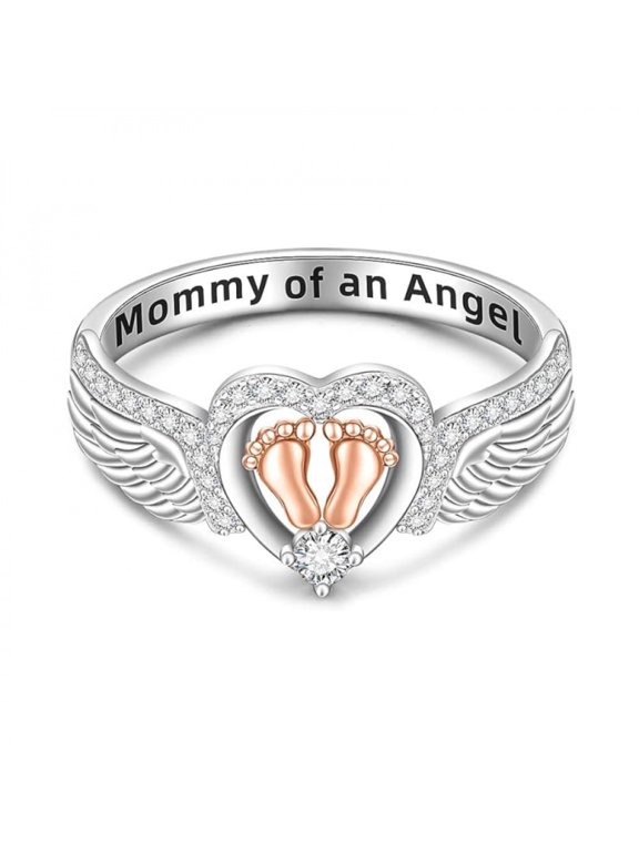 925 Sterling Silver Angel Wing Design Ring, Heart & Footprint Decorative Ring for Women, Fashion Jewelry Accessories for Daily Wear, Trendy All-match & Exquisite Jewelry for Birthday Gif