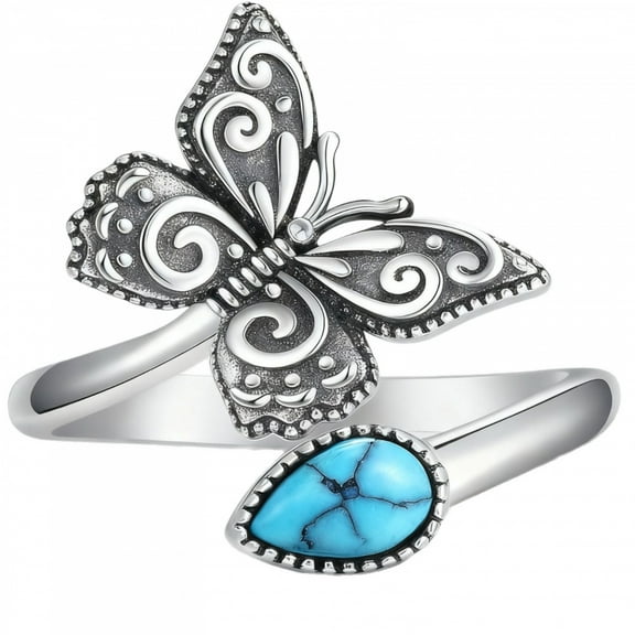 SEPARQI 925 Sterling Silver Natural Turquoise Moonstone Rings for Women Butterfly Ring Vintage Elegant Jewelry with White Gift Box for Women