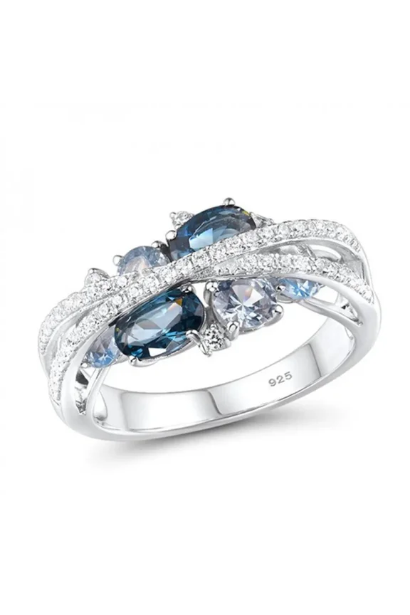 Adjustable X Shape Ring for Women – 925 Sterling Silver And White Gold Plated with Multiple Blue Cubic Zirconia Stones