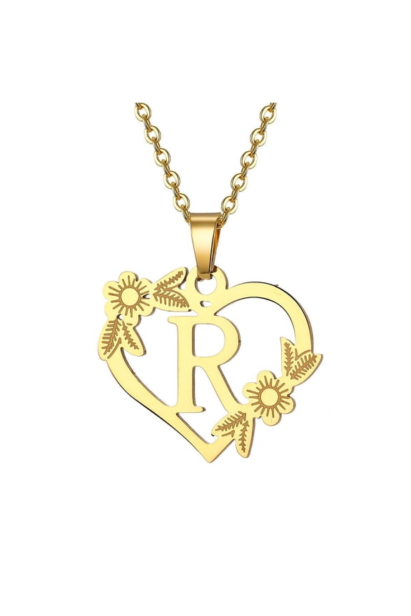 Jewelry Initial Pendant Necklace for Men Womens, 14K Gold Plated Heart Flower Letter Capital Necklace Alphabets from A-Z Figaro Chain Necklace