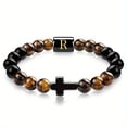 thumbnail image 1 of SEPARQI Initial Letter Beaded Bracelet with Cross Accent, Onyx and Tiger Eye Stone Jewelry, 1 of 7