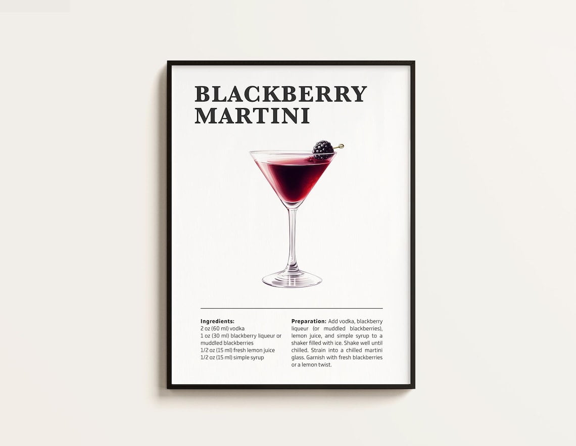 SEPT Blackberry Martini Recipe Poster, Martini Cocktail Print, Bar Art