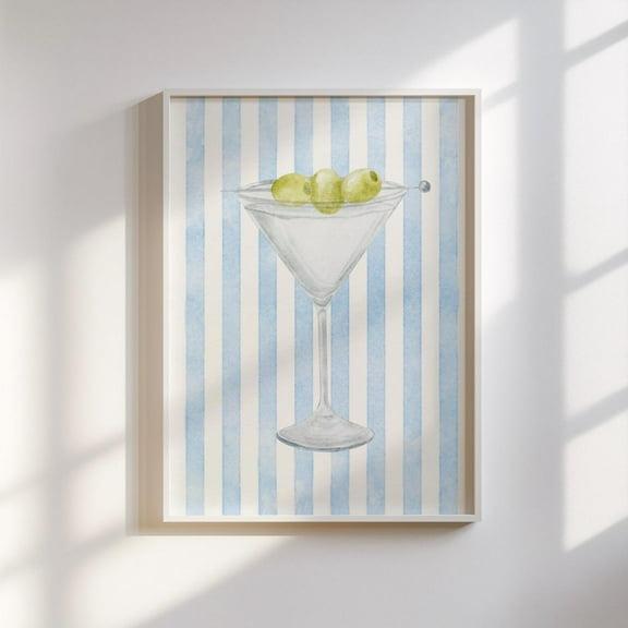 SEPT Martini Wall Art (Blue) - Pastel Cocktail Stripped Wall Art, Blue Martini Bar Cart Prints, Coastal Bar Prints, Bar Art, Decor For Living Room Bedroom, 12x18 UNFRAMED