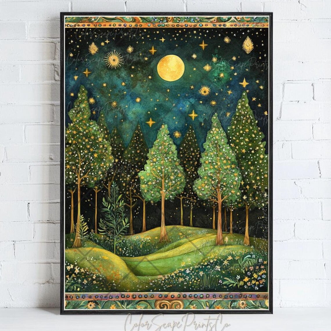 SEPT Moonlit Pine Tree Forest Print Moon And Stars Wall Art Dark Forest ...