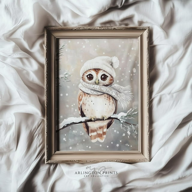 SEPT White Winter Owl Art Print Seasonal Decor Printable Vintage