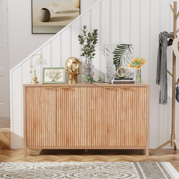 SEPTBOT Fluted Sideboard Buffet Cabinet, 55" Large Storage Buffet Cabinet with 4 Doors & Adjustable Shelves, Modern Buffet Console Table for Living Room, Kitchen and Dinning Room-Natural Oak