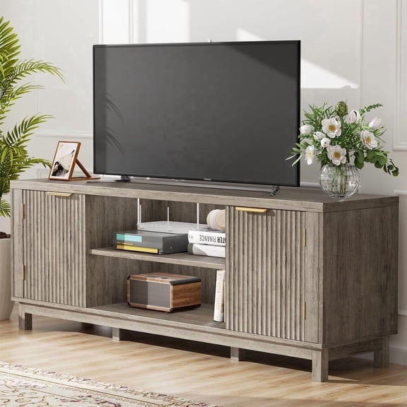 SEPTBOT 59'' Fluted TV Stands with Storage Cabinet, Mid Century Modern TV Cabinet Table for 50/55/60/65 Living Room-Grey