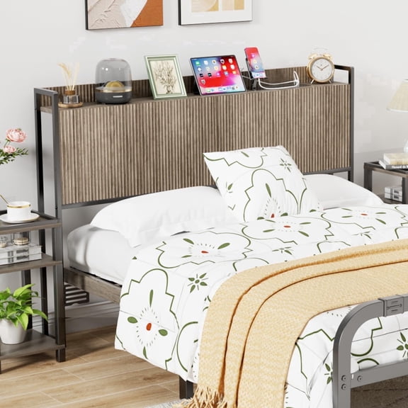 SEPTBOT King Headboard Only, Wall Mount Wood Fluted with Storage and Outlets, Height Adjustable, Gray
