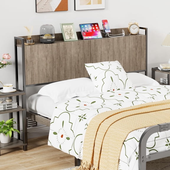 SEPTBOT King Size Headboard Only with Outlets, Wall Mount Wood Fluted Headboard with Storage, Height Adjustable, Storage Rack, Sturdy and Stable, Easy Assembly(Grey, King)