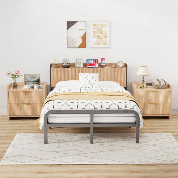 SEPTBOT King Size Headboard Only with Outlets, Wall Mount Wood Fluted Headboard with Storage, Height Adjustable, Storage Rack, Sturdy and Stable, Easy Assembly(Oak, King)