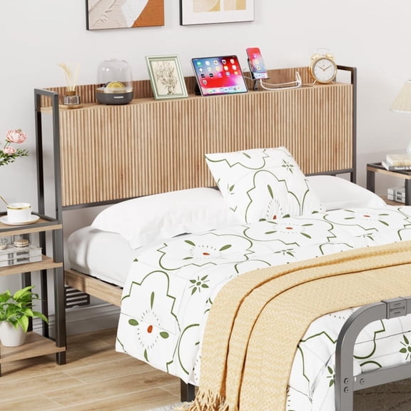 SEPTBOT Queen Size Fluted Headboard Only with Outlets, Wall Mount Wood Fluted Head Board with Storage, Height Adjustable, Storage Rack, Sturdy and Stable, Easy Assembly(Oak, Queen)