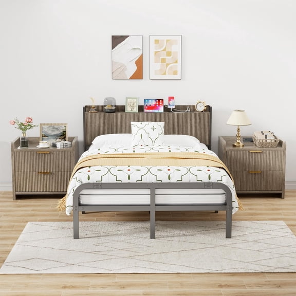 SEPTBOT Queen Size Fluted Headboard Only with Outlets, Wall Mount Wood Headboard with Storage, Height Adjustable, Storage Rack, Sturdy and Stable, Easy Assembly(Grey, Queen)