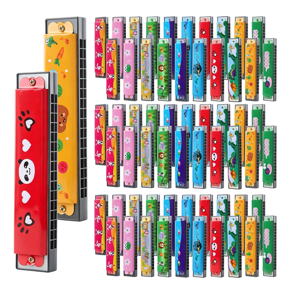 SEPTRIO 100 Pcs Kids Cartoon Harmonica 16 Holes Plastic Harmonica Toys for Children Beginners Party Goodie Bags Stuffers,Random Color Pattern Harmonicas