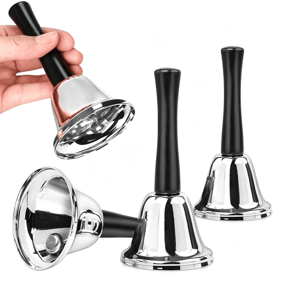 SEPTRIO 4 Pack Hand Bell, Silver Steel Bell, Ringing Bell with Handle, Dinner Bells for Inside Classroom Bell, for Food Line, Alarm, Jingles, Ringing (Silver)
