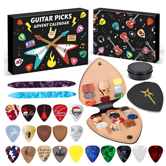 SEPTRIO Guitar Picks Advent Calendar, 24-Day Musical Countdown with Celluloid and Wood Picks, Holiday Gift for Guitar and Bass Players