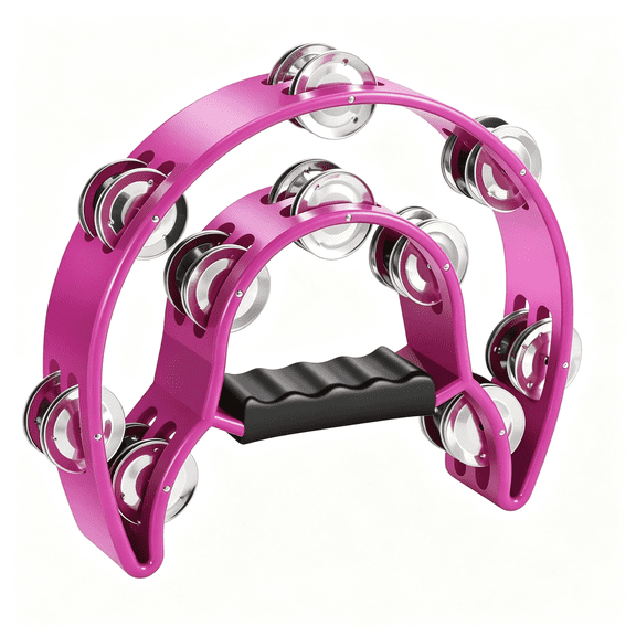 SEPTRIO Tambourine Metal Half Moon Musical Instruments Double Row Metal Jingles Hand Held Instruments Percussion with Ergonomic Handle Grip, Tambourines for Adults Church, Pink