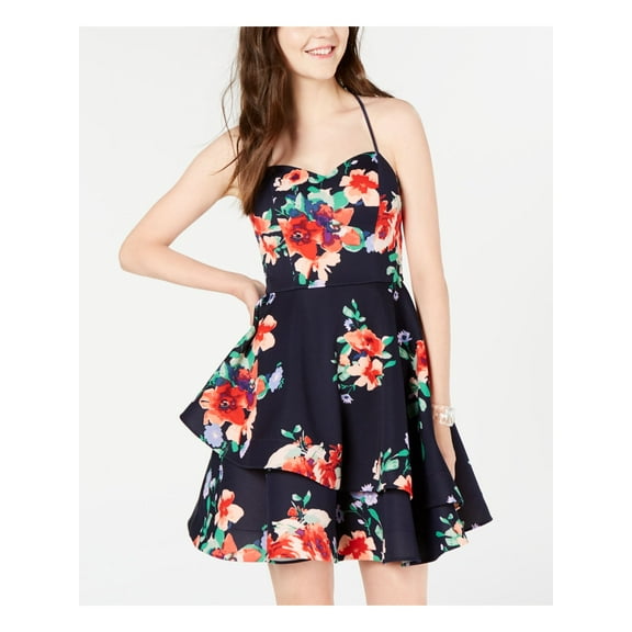 SEQUIN HEARTS Womens Black Floral Spaghetti Strap Sweetheart Neckline Short Party Fit   Flare Dress 7