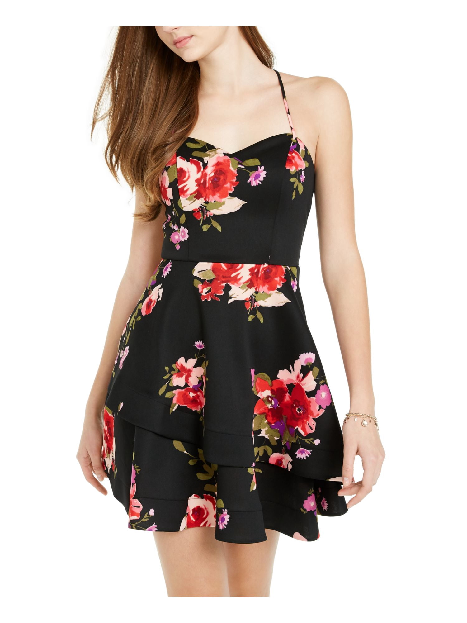 sequin hearts floral dress SEQUIN HEARTS Womens White Sheer Floral Sleeveless Halter Full-Length Bobbi + Bricka
