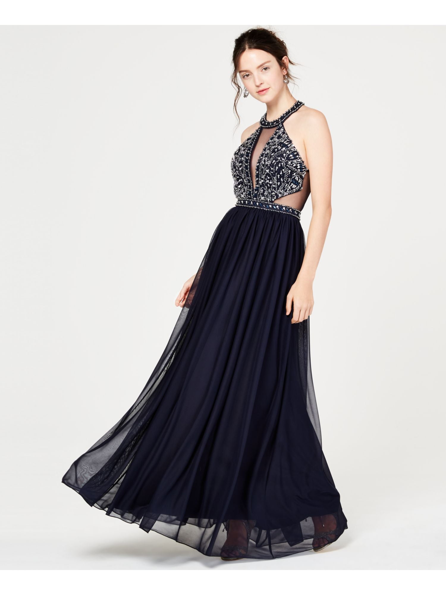SEQUIN HEARTS Womens Navy Beaded Sheer Chiffon-skirt Halter Full-Length  Formal Dress Juniors 1 - Walmart.com