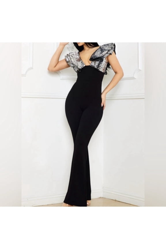SEQUIN RUFFLE SLEEVE JUMPSUIT