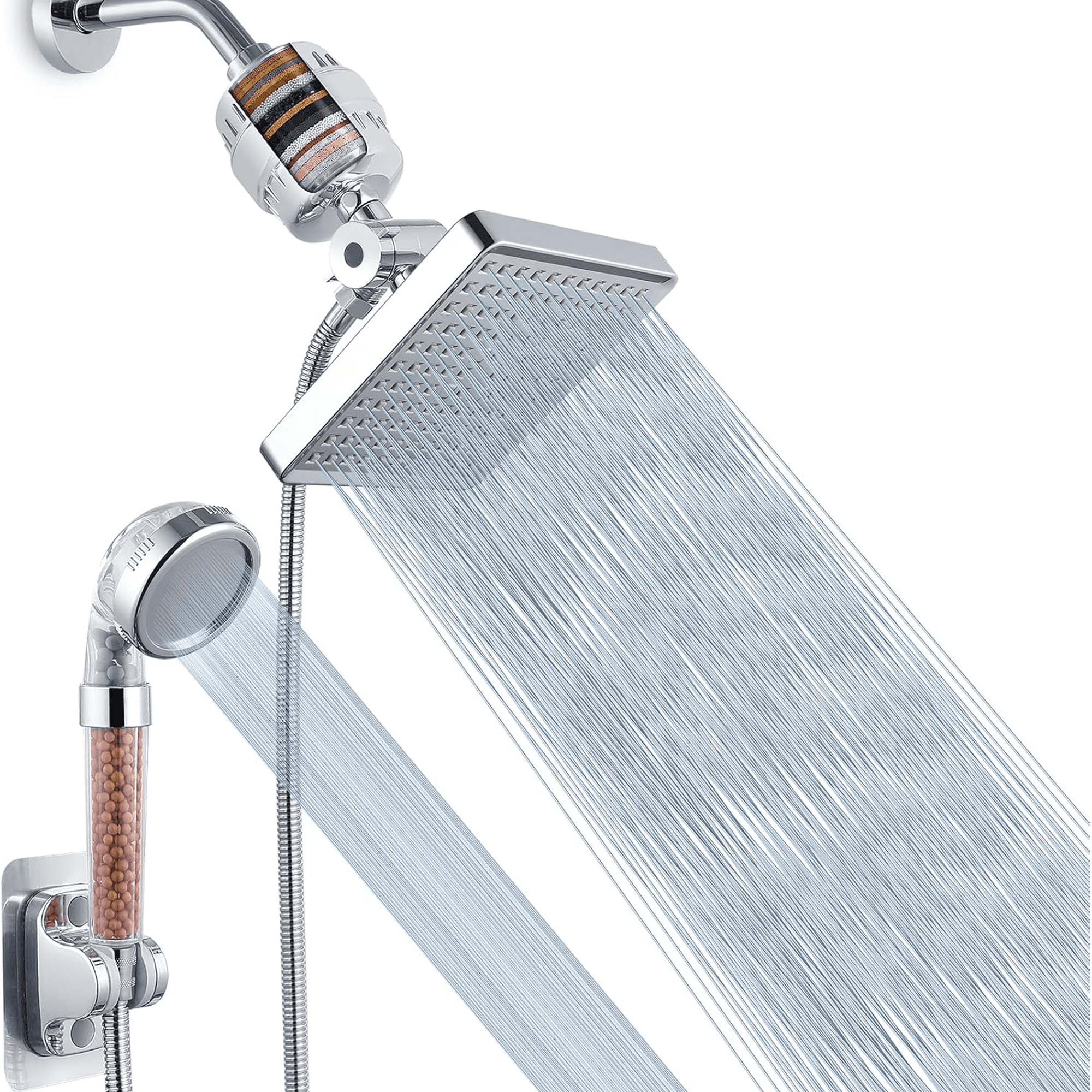 SERABETTO Filtered Shower Head Set, High Pressure Rain Shower with Handheld Showerhead Combo, Self-adhesive Holder/59" Hose, 20 Stage Filter Removes Chlorine and Harmful Substances (Square,Chrome)