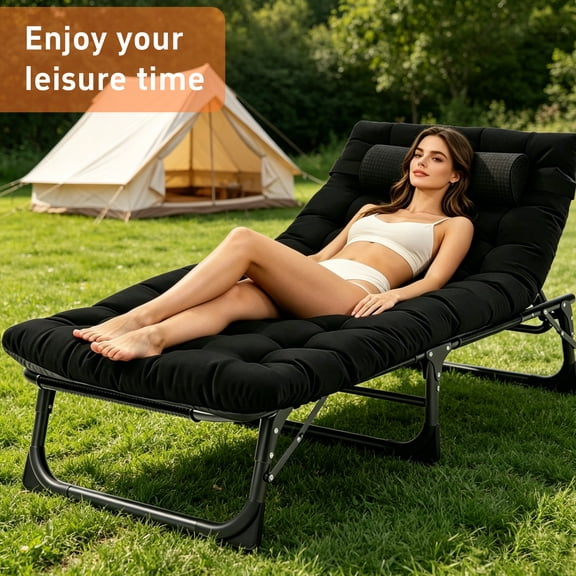 SERABETTO Camping Cots,Outdoor Folding Sleeping Cot/Mat,Folding Chaise Lounge Chair with Pillow (Black)