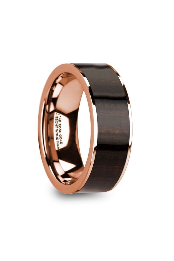 SERAPHIM Men’s Polished 14k Rose Gold with Ebony Wood Inlay Wedding Ring - 8mm