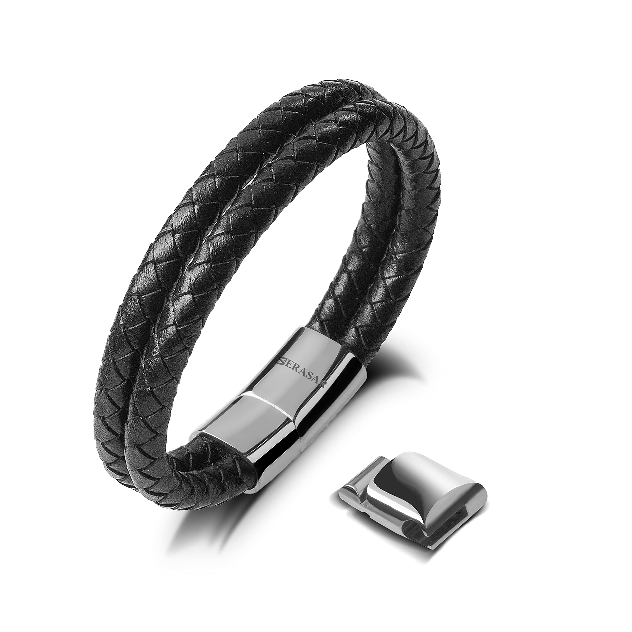 SERASAR Leather Bracelet for Men "Double" with stainless steel magnetic closure, Silver 23cm, including gift box