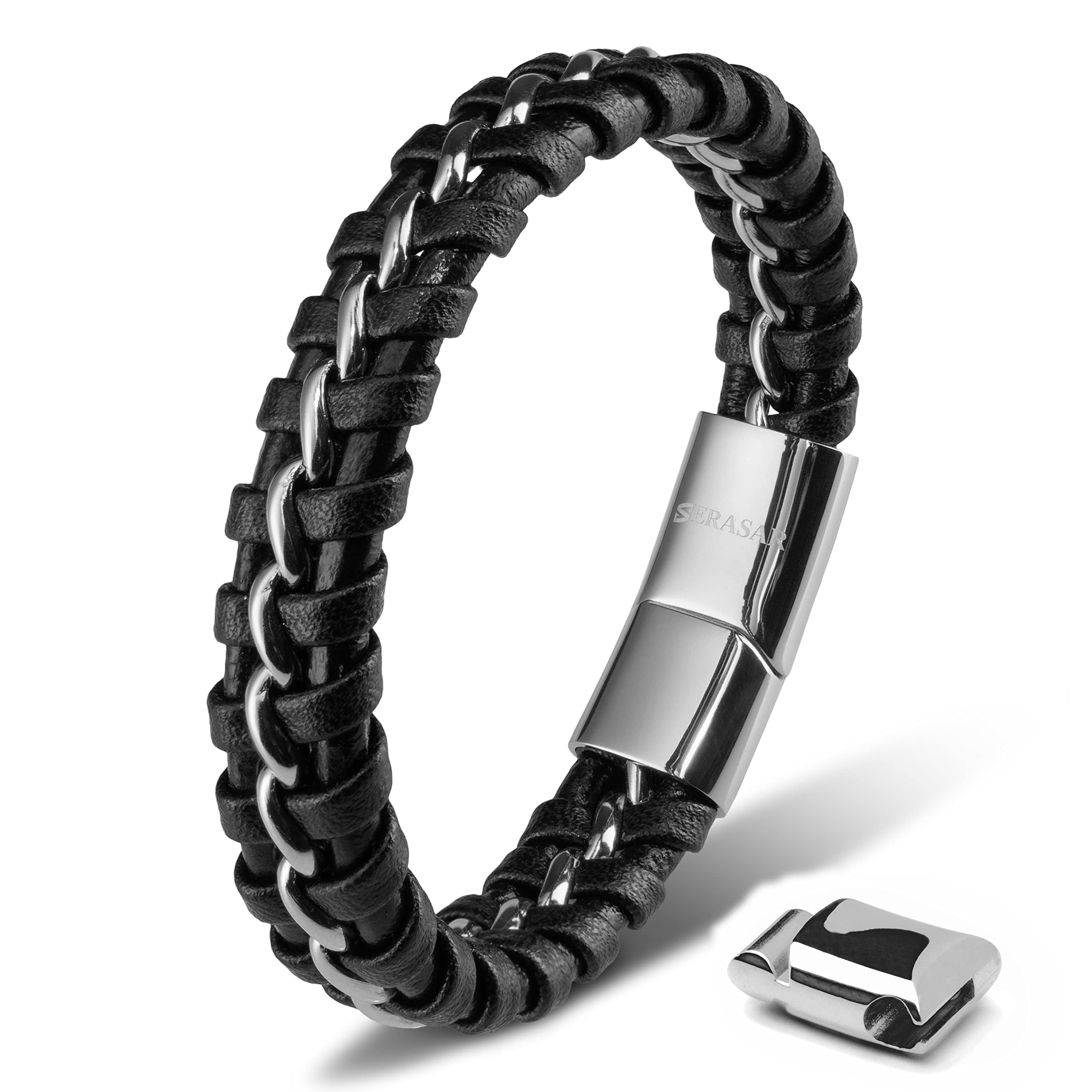 SERASAR Leather Bracelet for Men "Joy" with stainless steel magnetic closure, Silver 23cm, including gift box