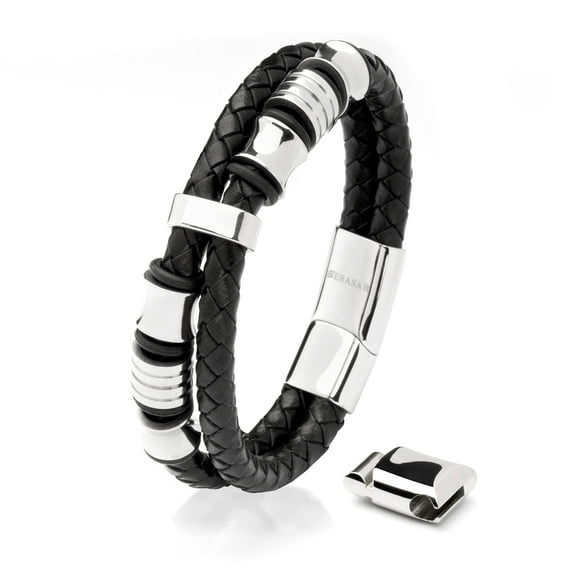 SERASAR Men's Premium Leather Bracelet "Spirit" with stainless steel magnetic closure, Silver 23cm, including gift box